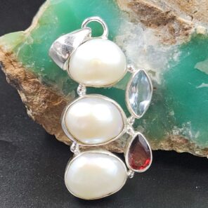 Baroque Pearl and Multi Gemstone 1.5" 925 Sterling Silver Pendant (RS58-30)