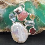 Baroque Pearl and Multi Gemstone 1.5" 925 Sterling Silver Pendant (RS58-62)