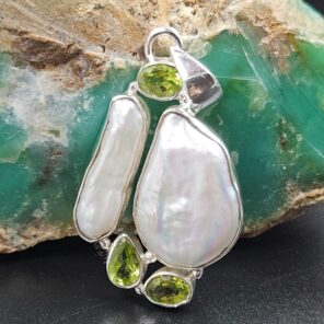 Baroque Pearl and Multi Gemstone 1.5" 925 Sterling Silver Pendant (RS58-44)