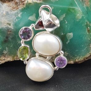 Baroque Pearl and Multi Gemstone 1.5" 925 Sterling Silver Pendant (RS58-70)