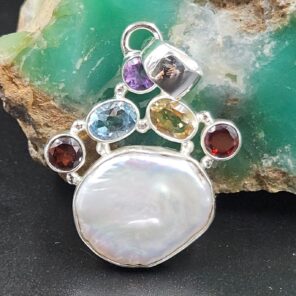 Baroque Pearl and Multi Gemstone 1.25" 925 Sterling Silver Pendant (RS58-61)