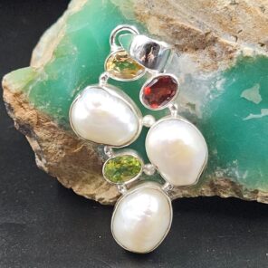 Baroque Pearl and Multi Gemstone 2" 925 Sterling Silver Pendant (RS58-58)