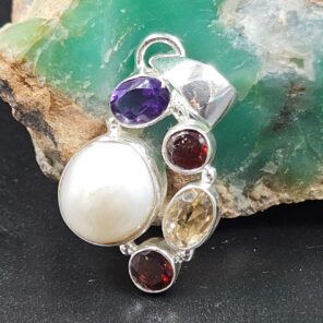 Baroque Pearl and Multi Gemstone 1.25" 925 Sterling Silver Pendant (RS58-60)