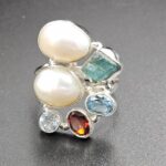 Baroque Pearl and Multi Gemstone Size US 10 925 Sterling Silver Ring (RS58-117)