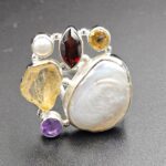 Baroque Pearl and Multi Gemstone Size US 6 925 Sterling Silver Ring (RS58-100)