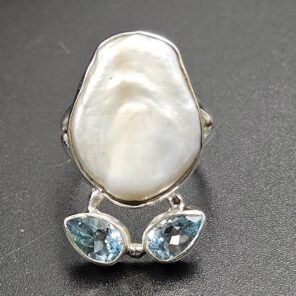 Baroque Pearl and Multi Gemstone Size US 8 925 Sterling Silver Ring (RS58-102)