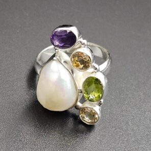 Baroque Pearl and Multi Gemstone Size US 8 925 Sterling Silver Ring (RS58-106)