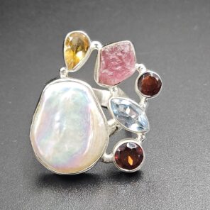 Baroque Pearl and Multi Gemstone Size US 8 925 Sterling Silver Ring (RS58-101)