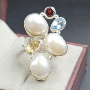 Baroque Pearl and Multi Gemstone Size US 8 925 Sterling Silver Ring (RS58-105)