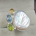 Baroque Pearl and Multi Gemstone Size US 9 925 Sterling Silver Ring (RS58-111)