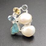 Baroque Pearl and Multi Gemstone Size US 9 925 Sterling Silver Ring (RS58-110)