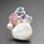 Baroque Pearl and Multi Gemstone Size US 7 925 Sterling Silver Ring (RS58-95)