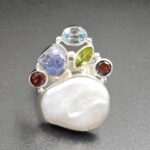 Baroque Pearl and Multi Gemstone Size US 9 925 Sterling Silver Ring (RS58-109)