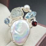 Baroque Pearl and Multi Gemstone Size US 9 925 Sterling Silver Ring (RS58-108)