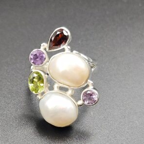 Baroque Pearl and Multi Gemstone Size US 7 925 Sterling Silver Ring (RS58-98)