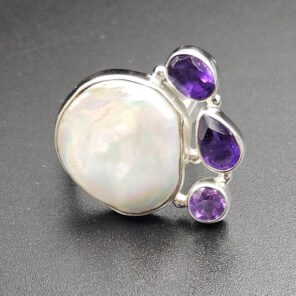 Baroque Pearl and Multi Gemstone Size US 8 925 Sterling Silver Ring (RS58-104)