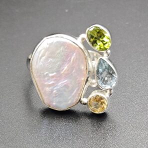 Baroque Pearl and Multi Gemstone Size US 7 925 Sterling Silver Ring (RS58-97)