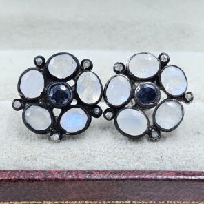 Moonstone, Blue Sapphire & Diamond 925 Sterling Silver Stud Earring (RS110-281)