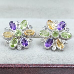 Citrine, Peridot, Amethyst & Diamond 925 Sterling Silver Stud Earring (RS110-312)