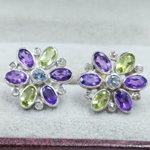 Peridot, Amethyst, Blue Topaz & Diamond 925 Sterling Silver Stud Earring (RS110-318)