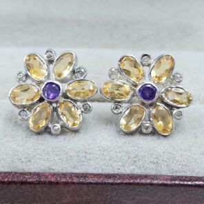 Citrine, Amethyst & Diamond 925 Sterling Silver Stud Earring (RS110-314)
