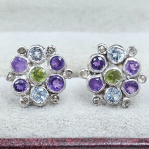Peridot, Amethyst, Blue Topaz & Diamond 925 Sterling Silver Stud Earring (RS110-319)