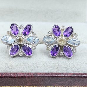 Citrine, Amethyst, Blue Topaz & Diamond 925 Sterling Silver Stud Earring (RS110-321)