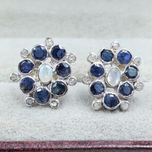 Moonstone, Blue Sapphire & Diamond 925 Sterling Silver Stud Earring (RS110-326)