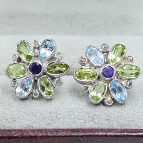 Peridot, Amethyst, Blue Topaz & Diamond 925 Sterling Silver Stud Earring (RS110-320)