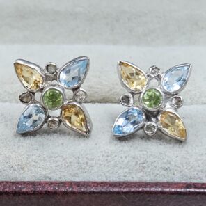 Citrine, Peridot, Blue Topaz & Diamond 925 Sterling Silver Stud Earring (RS110-322)