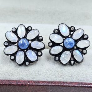 Moonstone, Blue Sapphire & Diamond 925 Sterling Silver Stud Earring (RS110-280)