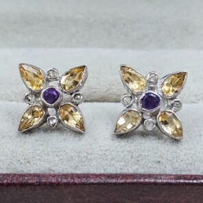 Citrine, Amethyst & Diamond 925 Sterling Silver Stud Earring (RS110-315)