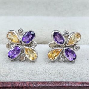 Citrine, Amethyst & Diamond 925 Sterling Silver Stud Earring (RS110-316)
