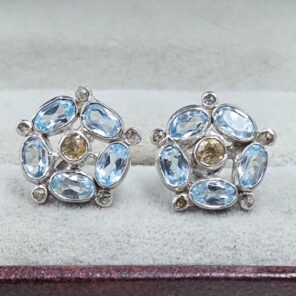 Blue Topaz, Citrine & Diamond 925 Sterling Silver Stud Earring (RS110-301)