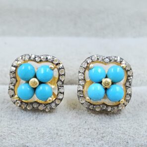 Kingman Turquoise & Diamond 925 Stertling Silver Stud Earring (RS5-133)