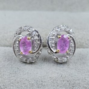 Pink Sapphire & Diamond 925 Stertling Silver Stud Earring (RS5-136)