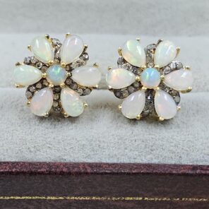 Ethiopian Opal & Diamond 925 Stertling Silver Stud Earring (RS5-132)