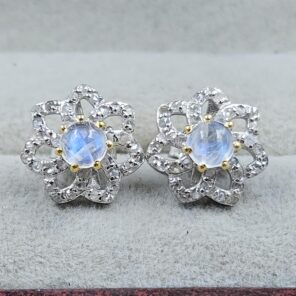 Rainbow Moonstone & Diamond 925 Stertling Silver Stud Earring (RS5-139)