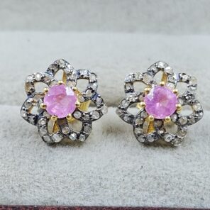 Pink Sapphire & Diamond 925 Stertling Silver Stud Earring (RS5-140)