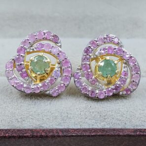 Emerald & Pink Sapphire 925 Stertling Silver Stud Earring (RS5-122)