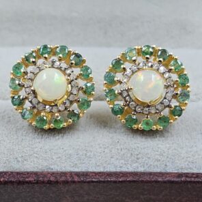 Ethiopian Opal, Emerald & Diamond 925 Stertling Silver Stud Earring (RS5-118)
