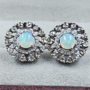 Ethiopian Opal, Smoky Quartz & Diamond 925 Stertling Silver Stud Earring (RS5-120)