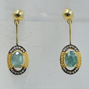 Emerald & amp; Diamond 925 Stertling Silver Two Tone Stud Earring (RS5-126)
