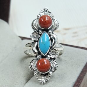 Italian Coral & Kingman Turquoise 925 Sterling Silver Ring (REXT20-231)