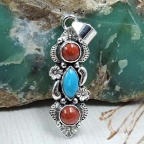 Italian Coral & Kingman Turquoise 1.5" 925 Sterling Silver Pendant (REXT20-239)
