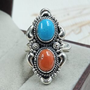 Italian Coral & Kingman Turquoise 925 Sterling Silver Ring (REXT20-228)