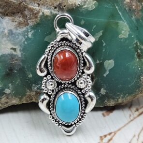 Italian Coral & Kingman Turquoise 1.5" 925 Sterling Silver Pendant (REXT20-238)