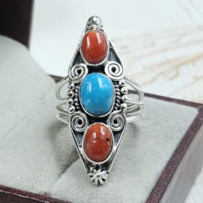 Italian Coral & Kingman Turquoise 925 Sterling Silver Ring (REXT20-230)