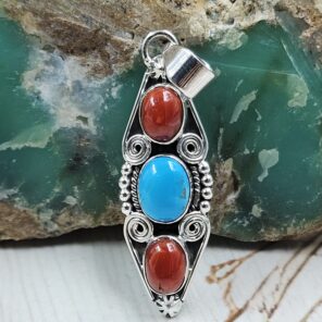 Italian Coral & Kingman Turquoise 1.5" 925 Sterling Silver Pendant (REXT20-237)
