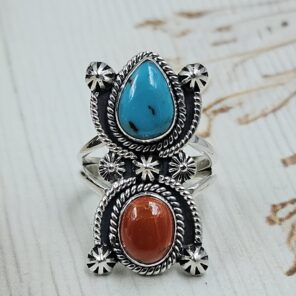 Italian Coral & Kingman Turquoise 925 Sterling Silver Ring (REXT20-229)